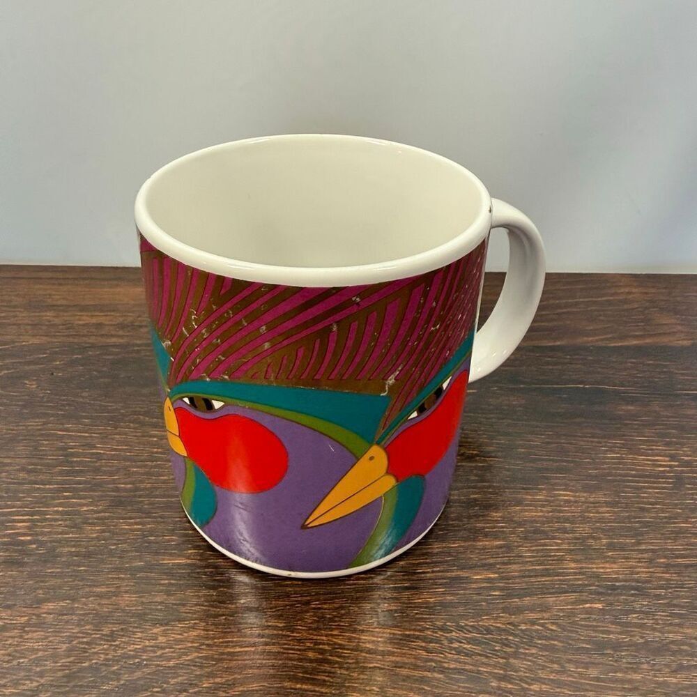 Vintage Laurel Burch Harlequin birds coffee mug 3.5"